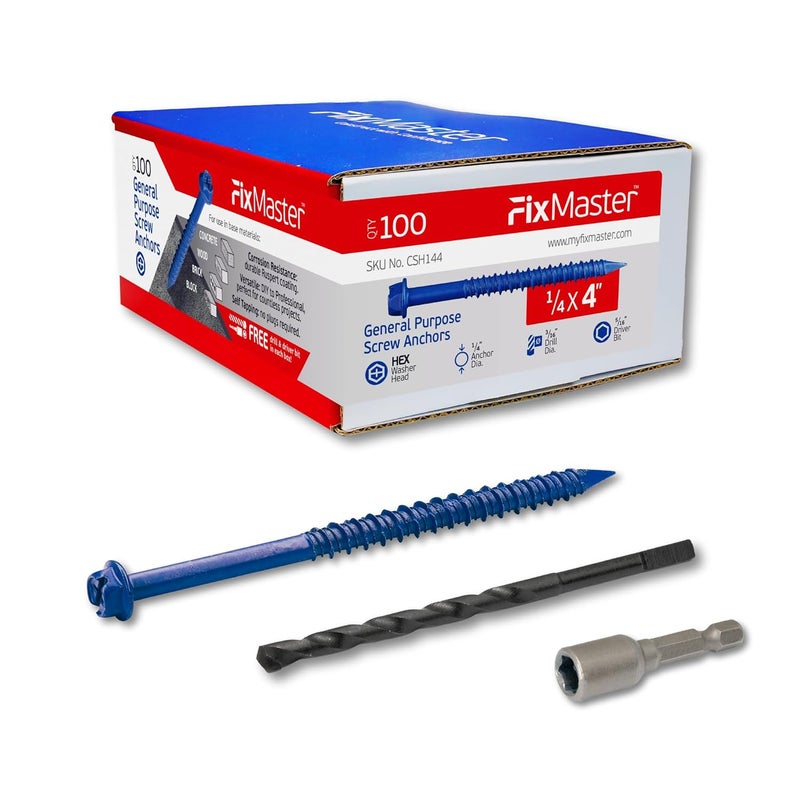 FixMaster 1/4 x 4 Hex Head Blue Concrete Screw Anchors (100 pcs Screw Kit) with one Screwdriver and Drill Bit for Concrete, Masonry, Block, Brick and Wood Fastening - Image 1